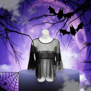Women’s Small Black Sheer Blouse Floral Fairygoth Whimsigoth Dark Romantic